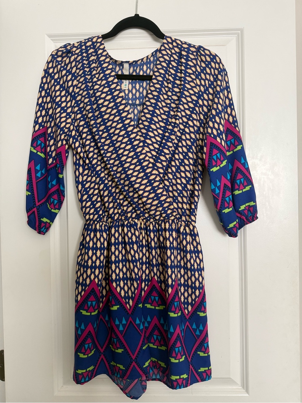 Boho Geometric Print Navy and Pink Romper